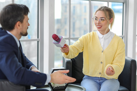 Female journalist with microphone having an interview with man in officeの写真素材