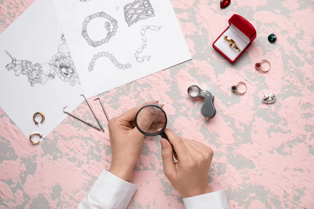 Female jeweler examining ring on grunge table, closeup