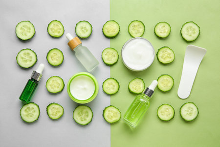 Composition with natural cosmetics, spatula and cucumber slices on color backgroundの写真素材