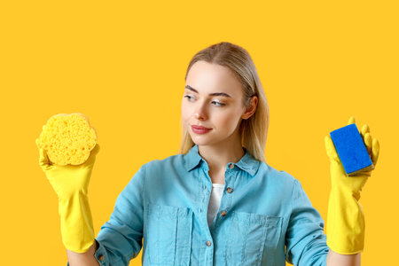 Young woman with cleaning sponges on yellow backgroundの写真素材