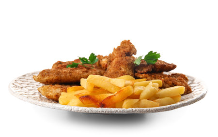 Plate of tasty fried codfish with french fries on white backgroundの写真素材