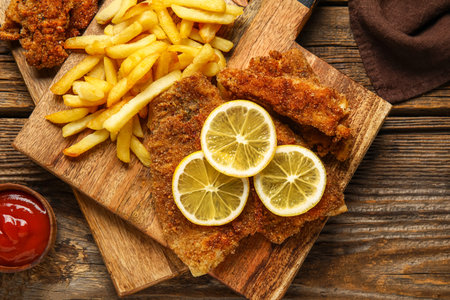 Boards of tasty fried codfish with french fries and lemon on wooden background