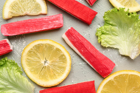 Tasty crab sticks, slices of lemon and lettuce on light background, closeupの写真素材