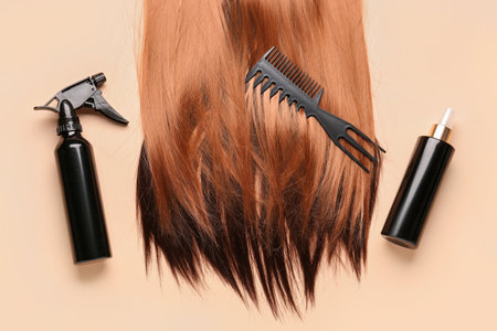 Beautiful hair with comb and sprays on beige backgroundの写真素材