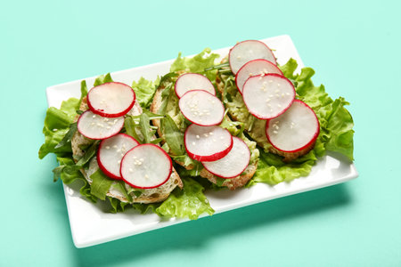 Plate with delicious radish bruschettas on turquoise backgroundの写真素材