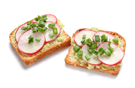 Delicious bruschettas with radish and green onion isolated on white backgroundの写真素材