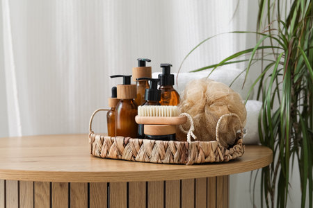 Wicker tray with bathing supplies on table
