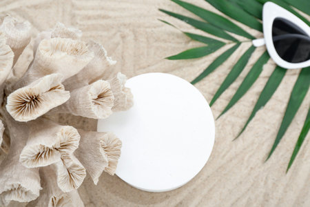 Decorative plaster podium, coral, sunglasses and palm leaves in sandの写真素材