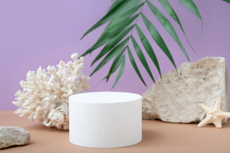 Decorative plaster podium, stones, coral and palm leaves on purple backgroundの写真素材
