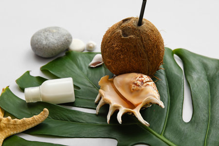 Coconut with straw, seashells, sunscreen and monstera leaf on gray backgroundの写真素材