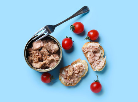 Delicious tuna bruschettas, tin can and tomatoes on blue backgroundの写真素材