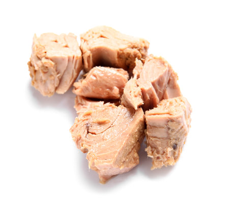 Delicious canned tuna isolated on white backgroundの写真素材