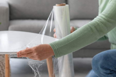 Mature woman wrapping table with stretch film at home, closeupの写真素材