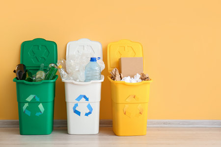 Trash bins with recycling symbol and different garbage near yellow wallの写真素材