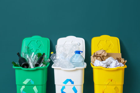 Trash bins with recycling symbol and different garbage near green wall