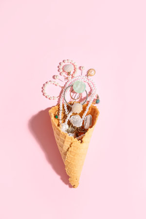 Waffle cone with jewelry on pink backgroundの写真素材