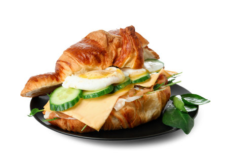 Plate with tasty eggs Benedict isolated on white backgroundの写真素材