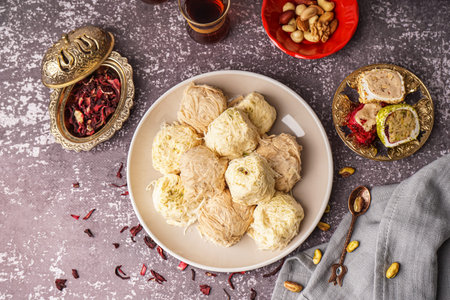 Plate with tasty Turkish Pismaniye on grunge background