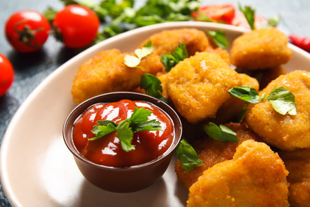 Plate with delicious nuggets, ketchup and parsley, closeupの写真素材