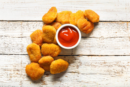 Delicious nuggets and bowl with ketchup on white wooden tableの写真素材