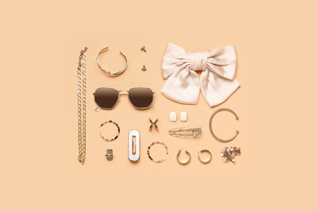 Stylish jewelry with sunglasses on beige backgroundの写真素材
