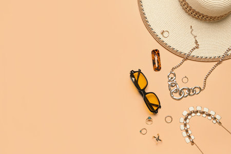 Stylish jewelry with sunglasses and summer hat on beige background
