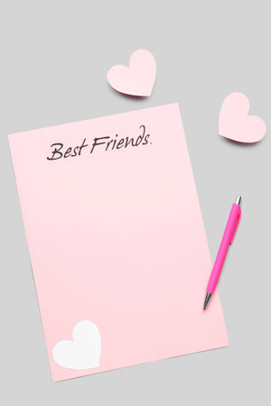 Paper sheet with text BEST FRIENDS, pen and hearts on gray background. friendship day celebrationの写真素材