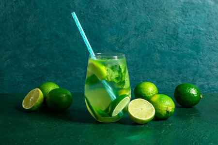 Glass of cold mojito and lime on green table