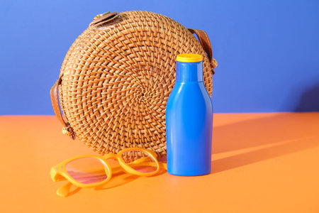 Bottle of sunscreen cream with sunglasses and wicker bag on orange table near blue wall