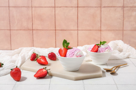 Bowls of strawberry ice cream and spoons on white tile tableの写真素材
