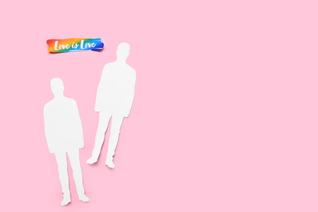 Text LOVE IS LOVE with male figures on pink background. LGBT conceptの写真素材