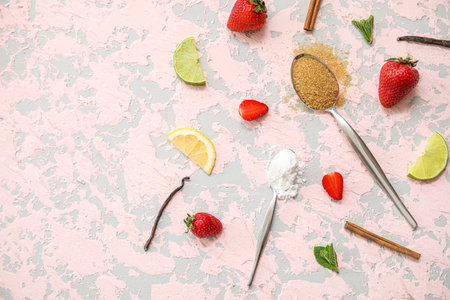 Ingredients for preparing strawberry compote on pink grunge backgroundの写真素材