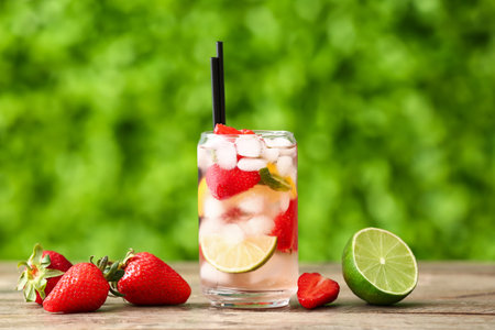 Glass of strawberry lemonade on wooden table outdoorsの写真素材