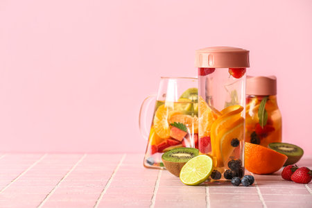 Jug and sports bottles of infused water with different sliced fruits on pink tile tableの写真素材