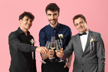 Young men dressed for prom with glasses of champagne on pink backgroundの写真素材