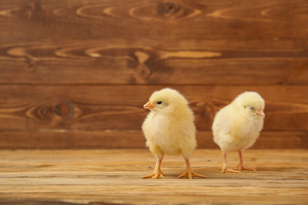 Cute little chicks on wooden backgroundの写真素材