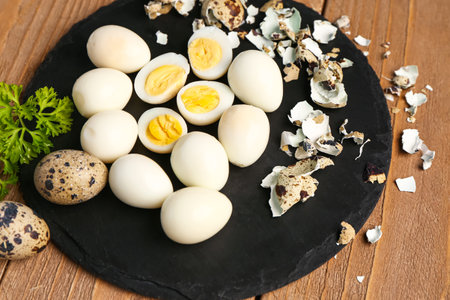Boiled quail eggs with shells on wooden backgroundの写真素材