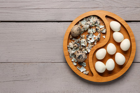 Boiled quail eggs with shells on gray wooden backgroundの写真素材