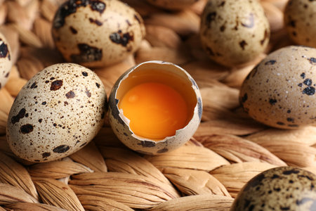 Fresh quail eggs on table, closeupの写真素材