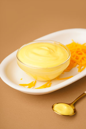 Plate with bowl of tasty cheddar sauce and grated cheese on brown backgroundの写真素材