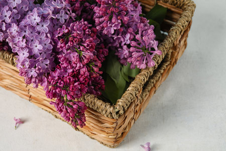 Basket with aromatic lilac flowers on light background, closeupの写真素材