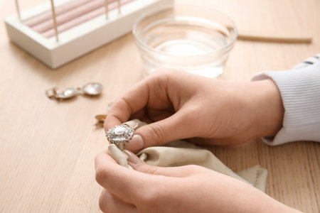 Woman polishing beautiful ring on wooden background, closeupの写真素材