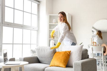 Young woman cleaning sofa with pp-duster at home