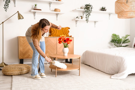 Young woman cleaning table with pp-duster in bedroom