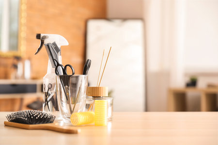 Hairdressing tools on table in beauty salonの写真素材