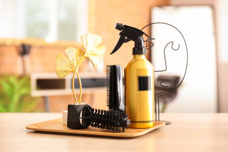 Hairdressing tools on table in beauty salonの写真素材