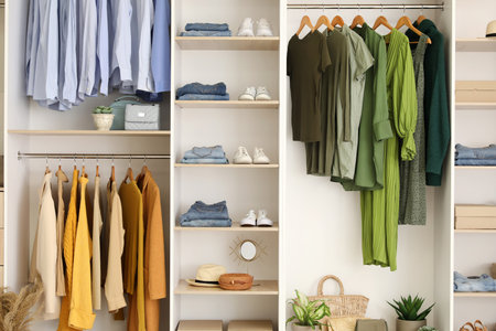 Stylish clothes with shoes in boutiqueの写真素材