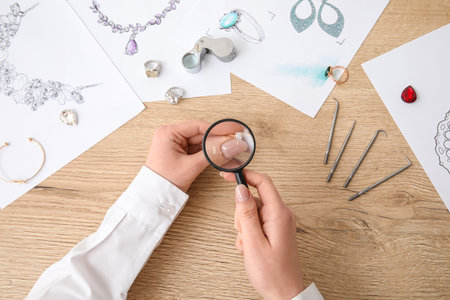 Female jeweler examining ring on wooden table, top viewの写真素材