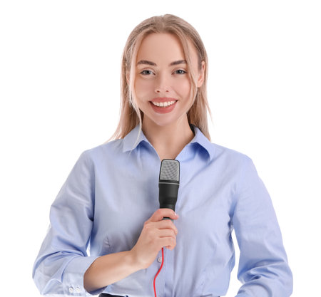 Female journalist with microphone on white backgroundの写真素材