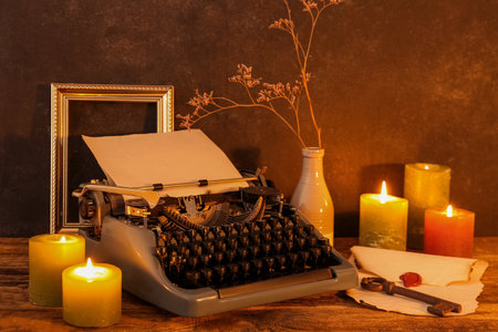 Vintage typewriter, burning candles, old key and envelope with wax seal on wooden tableの写真素材